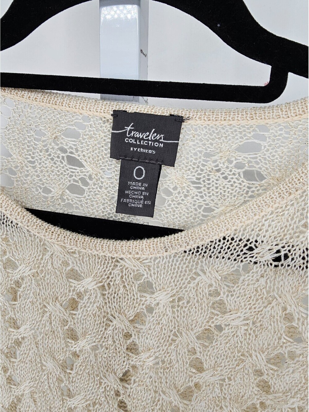 Chico's Travelers Womens Size 0 (S) Crochet Sweater Cream Metallic Asymmetric - Picture 3 of 4